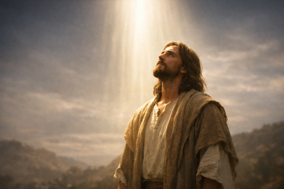 Un homme contemplatif sous un rayon de lumière, avec des montagnes en arrière-plan.